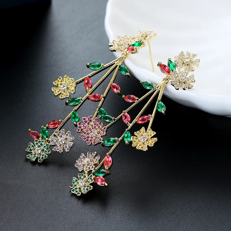 

Elegant Flower Branch Earrings Multicolor CZ Stone Fashion Long Earrings for Women Girl XIUMEIYIZU Jewelry Dress Accessories