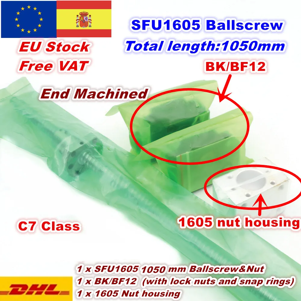 [ ЕС] SFU1605 шариковый винт l300мм/500 мм/600 мм/800 мм/1050 мм конец обработанный+ BK/BF12 Поддержка+ гайка Корпус ЧПУ маршрутизатор