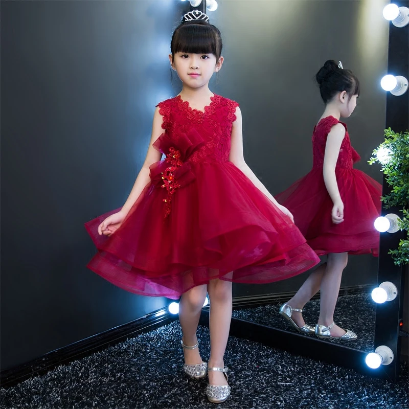 

2017 New Luxury Wine Red Ball Gown Formal Party Girls Lace Dress Summer Princess Tutu Dress for Teenager Wedding Birthday Dress