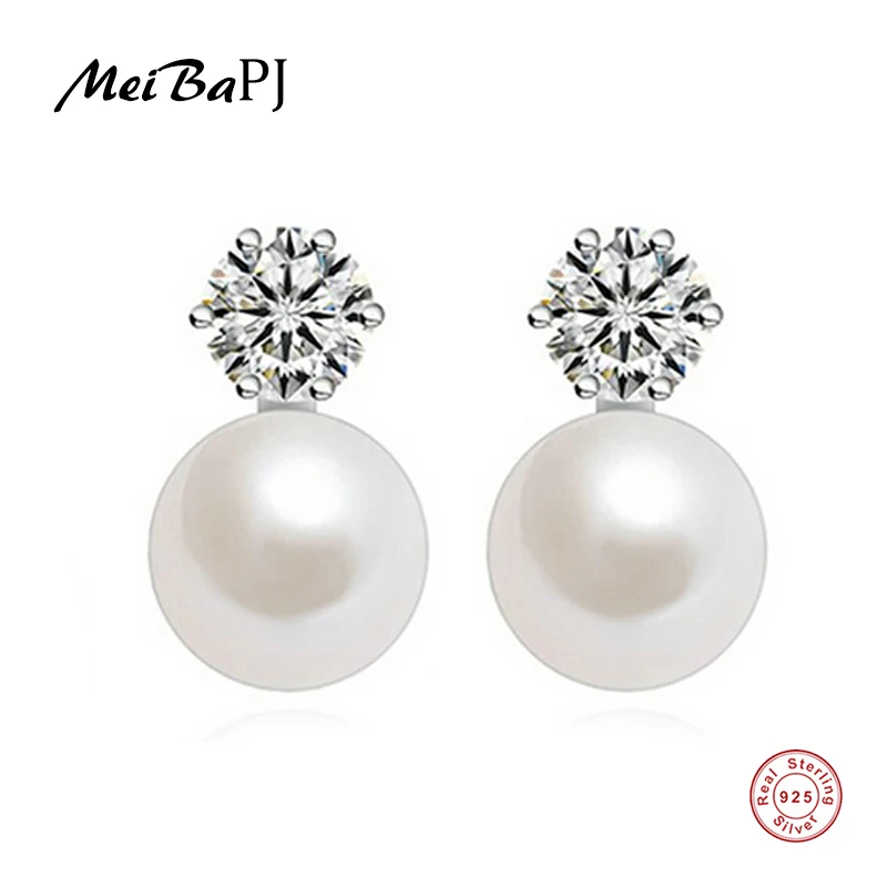 

[MeiBaPJ]100% Real Freshwater Pearl Classic Princess Stud Earrings for Women 4 Colours Hot Selling 925 Silver Fine Jewelry