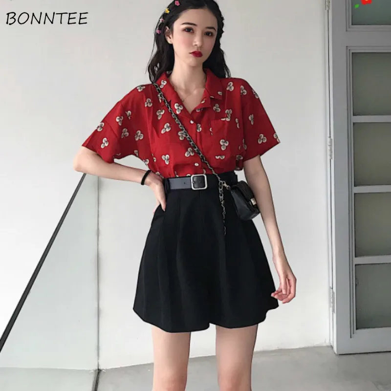 

Shirts Women Retro Chiffon Fashion Korean Style All-match Chic Leisure Womens Clothing Loose Student Short Sleeve Summer Printed