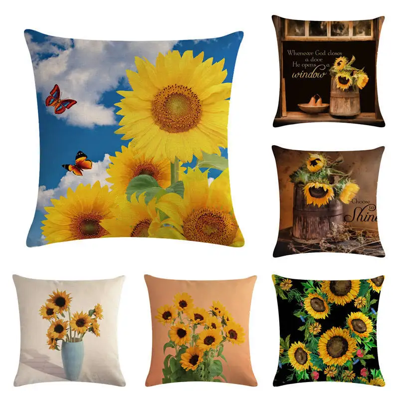 45cm*45cm Yellow sunflower design linen/cotton throw pillow covers