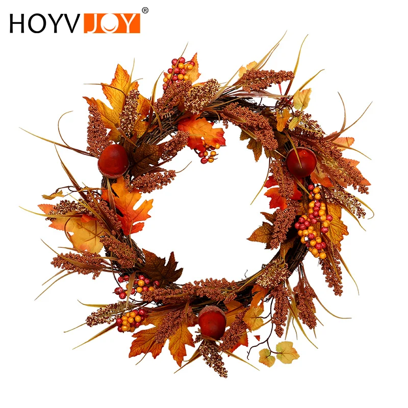 

HOYVJOY New Arrival Autumn Maple leaf Wheat Acorn Wreath 50cm Halloween Thanksgiving Decorations Spring Home garland Decoration