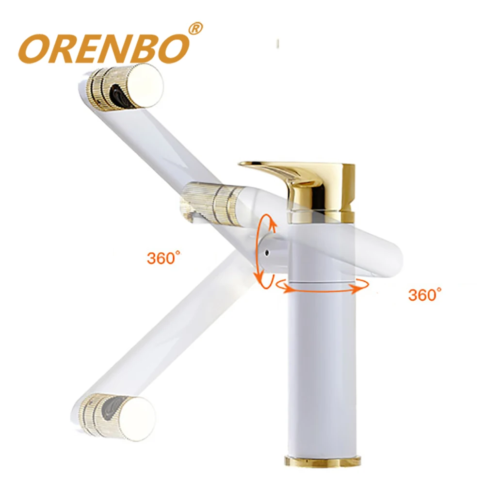 

ORENBO basin Faucet cold hot water Mixer can rotate hand wash hand basin upper and lower basin high faucet white plus gold