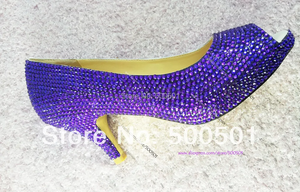 Womens low HEEL FASHION SHOES sparkly CRYSTAL Purple Dress Shoes Low