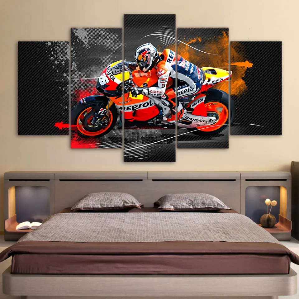 Canvas Painting Home Decorative 5 Panel Motorcycle Racing HD Print