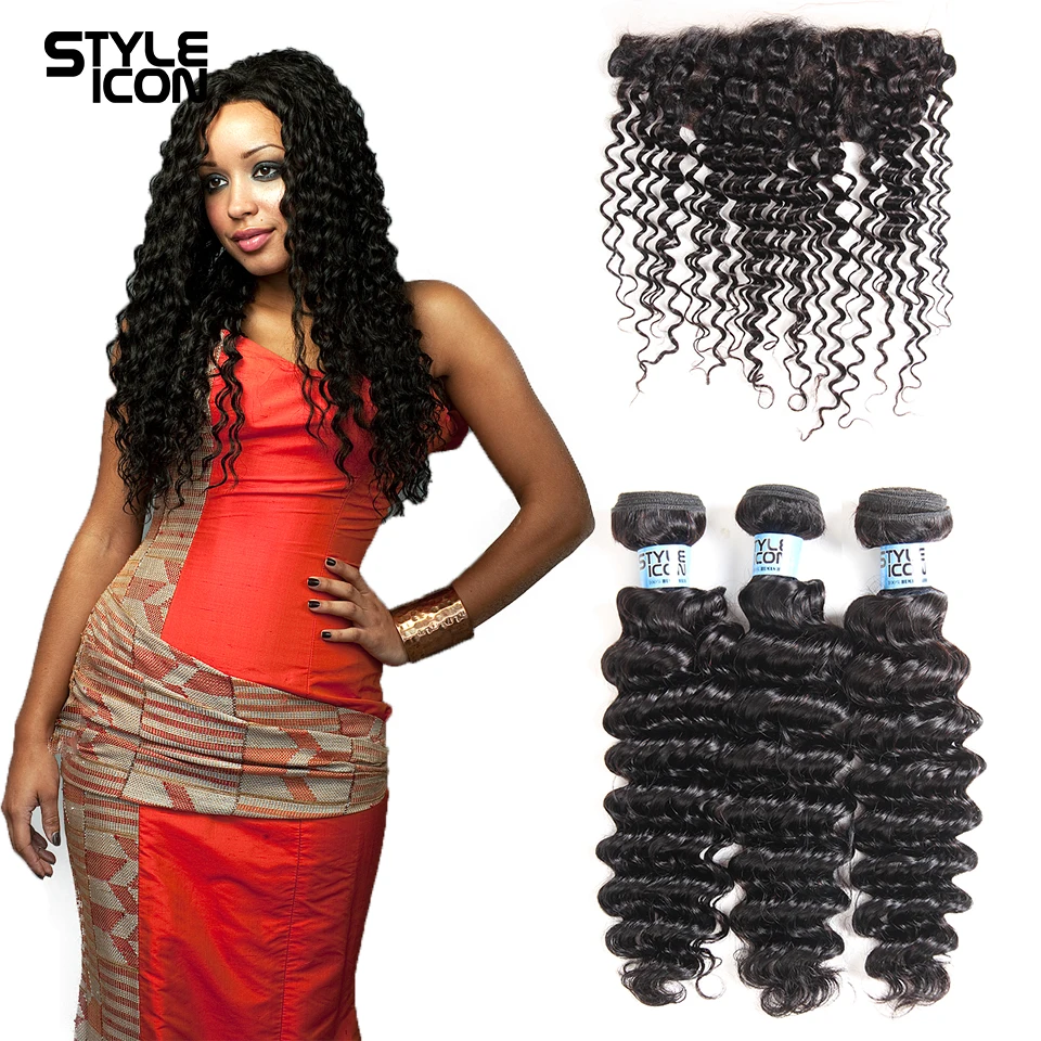 Styleicon 13x4 Lace Frontal Closure With Bundles Peruvian Deep Wave Human Hair Non Remy Extension | Шиньоны и парики