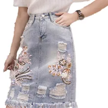 Женская подиумная объемная Цветочная вышивка джинсовая юбка с бахромой новейшая Женская модная упаковка бедра карманы половина Юбка Femme
