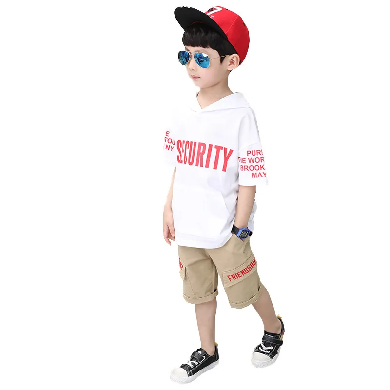 

Kids Set Summer 2019 New Korean Edition Casual Tooling Hooded Short Sleeve Set Boy Alphabet Hooded Two-piece Set Fashion