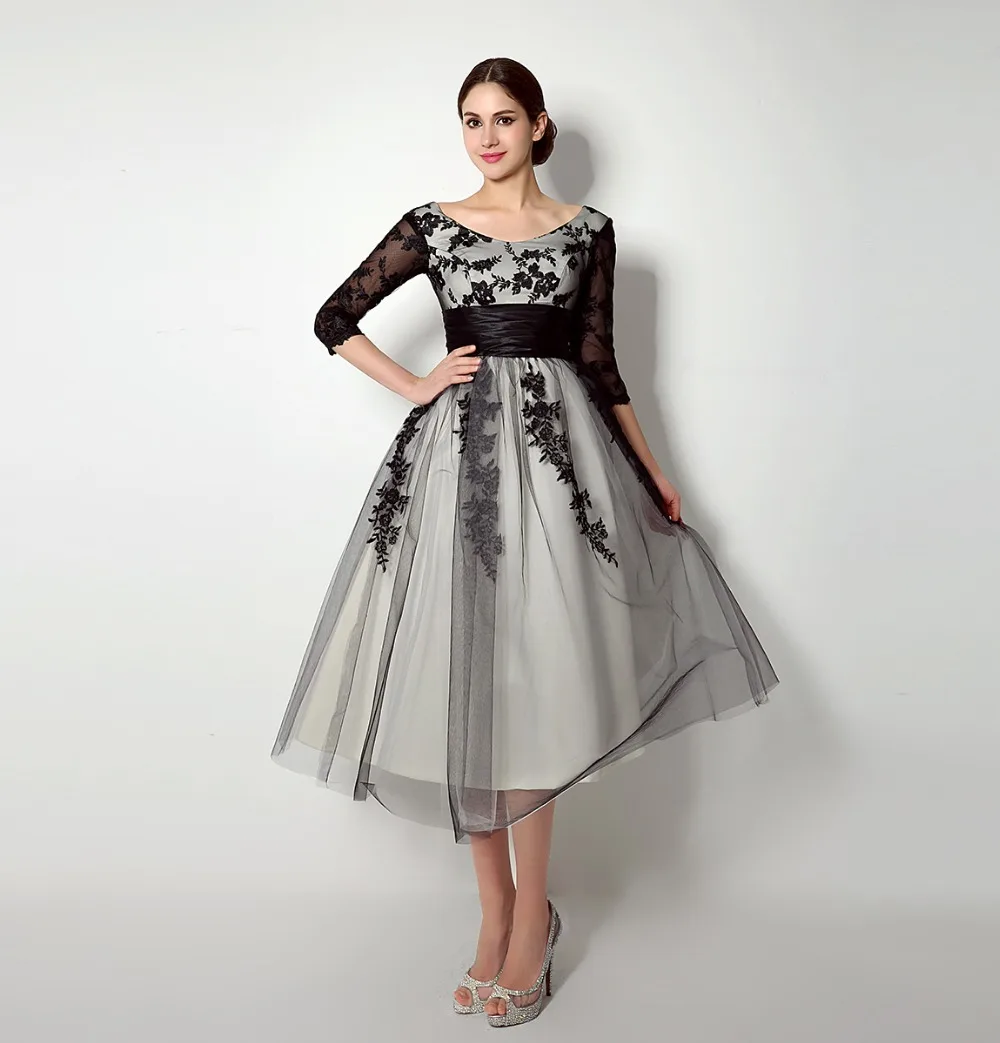 High Quality Black Appliques Tulle Mother Of The Bride Dresses Mid Calf