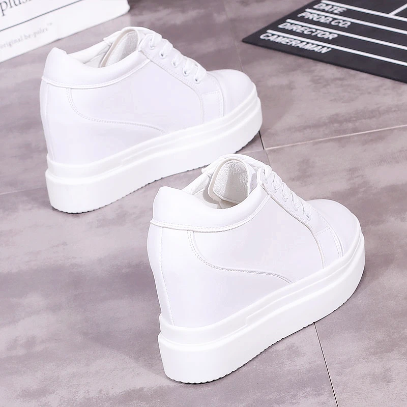 10cm Increase Flat Platform Shoes Female Thick Sole Students Casual Shoes Woman Flats Lace Up Solid White Black Women Shoes