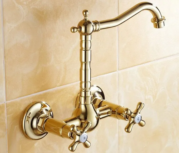 Luxury Polished Golden Brass Wall Mounted Water Tap Basin Kitchen Bathroom Wash Basin Faucet asf101