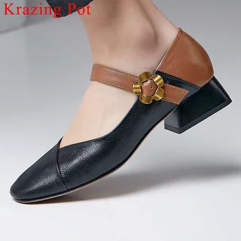 

2019 newest natural leather metal decoration popular square toe mixed colors buckle strap low heels grandma casual shoes L5f9
