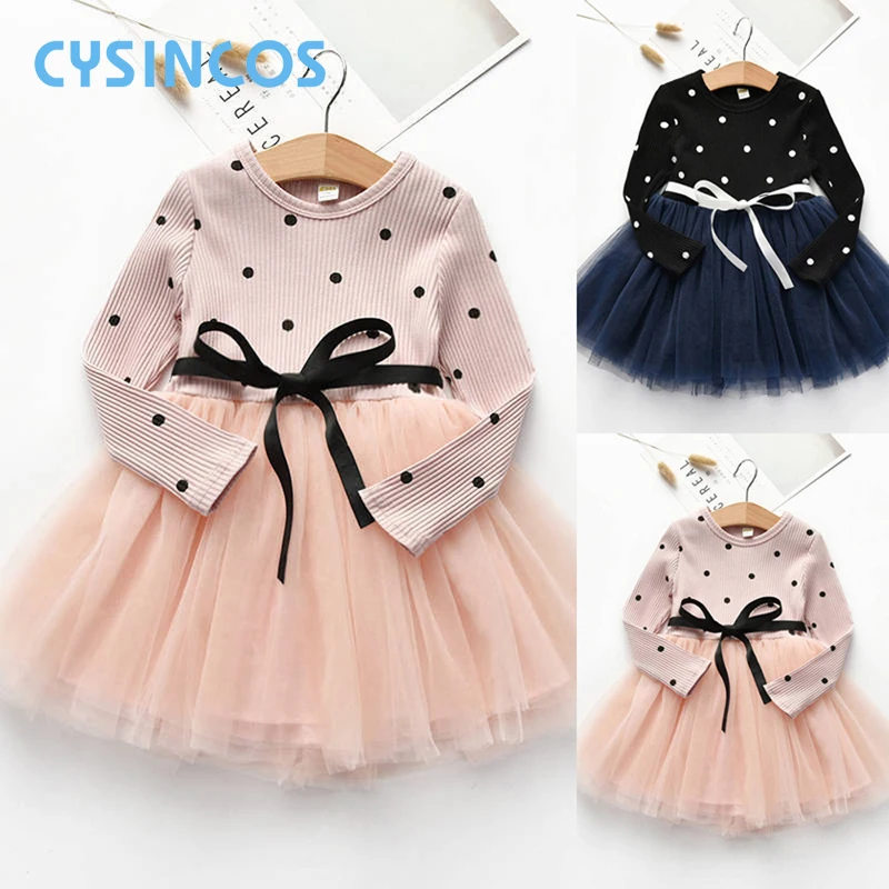 

Spring Autumn Girls Mesh Dress Children Knitting Dot Princess Bow Tulle Dresses Tutu Party Wedding Costumes Kids Pleated Clothes