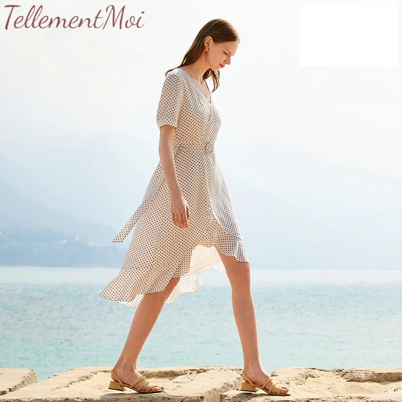Ruffle Polkadot Print Summer Dress Vintage Irregular Wrap Women V Neck Short Sleeve ALine High Waist Elegant Dresses | Женская одежда