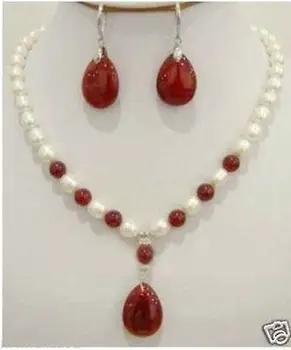 

Hot sale FREE shipping>>>Set of White Pearl Red stone Necklace Earring Fashion Wedding Party Jewellery