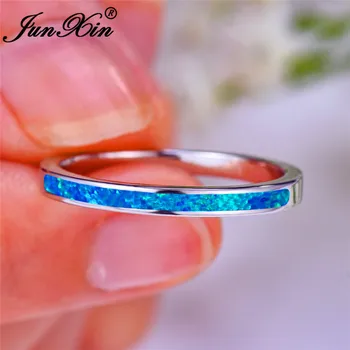 

JUNXIN Stacking Blue White Fire Opal Rings For Men Women Minimalist Wedding Thin Ring White Gold Engagement Ring Jewelry