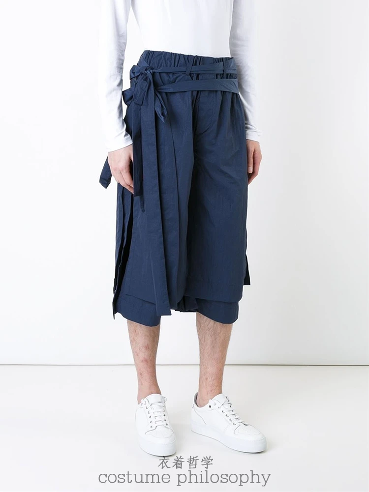 Homemade flax casual pants blue multi layer original design pants. S