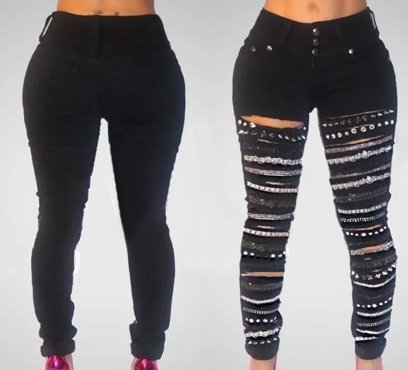 

New Sexy Jeans With Holes Color Chains Ripped Jeans Woman Holes Denim Pants Casual Beggar Jeans Pants For Women
