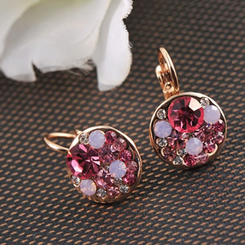 

Women Jewellry Crystal Rose Gold Round Pink Rhinestone Cube Stud Earrings
