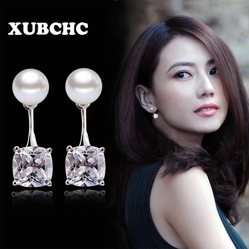 

XUBCHC Water Drop Square Crystal Zircon White Silver Stud Earrings White Bead Earring Fashion Jewelry for Women Best Gift