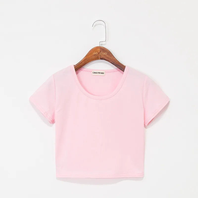 Летняя Повседневная однотонная женская хлопковая футболка с коротким рукавом и круглым вырезом, футболка с высокой талией, тонкие футболки для женщин, Camiseta Mujer