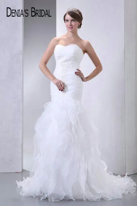Actual Images Sweetheart Ruffles Mermaid font b Wedding b font Dresses Pleats Floor Length Chapel Train