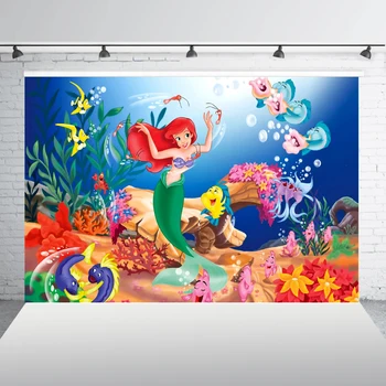 

HUAYI Birthday Party Vinyl Photography Background Cartoon Characters Little Mermaid Children Backdrops for Photo Studio W-816