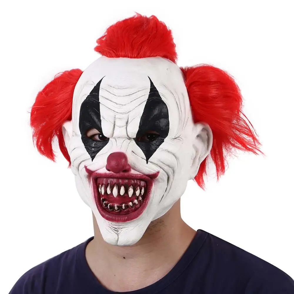 Страшная злая маска клоуна, двусторонняя латексная резиновая маска, костюм для Хэллоуина, маска клоуна с волосами для маски для взрослых - Цвет: Red hair clown 2