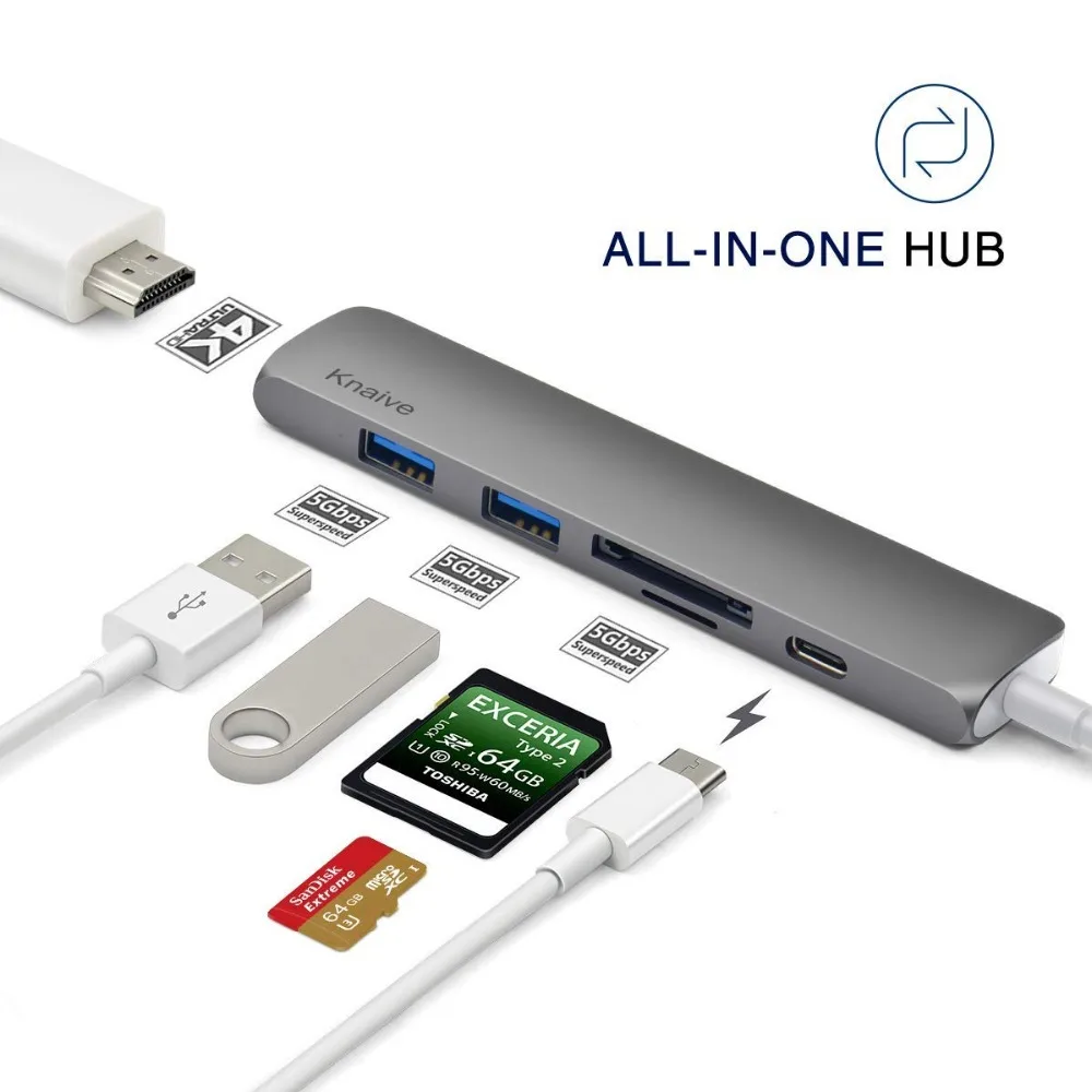 6 в 1 Универсальный концентратор типа C с 2 USB 3,0 type C концентратор с SD/Micro SD кард-ридером
