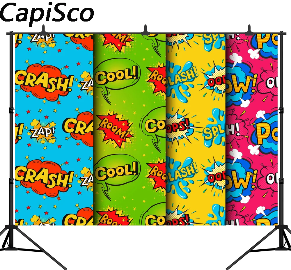 

Capisco Birthday Party Baby Superhero Comics Boom Banner Photographic Backgrounds Photo Backdrops Photocall Photo Studio