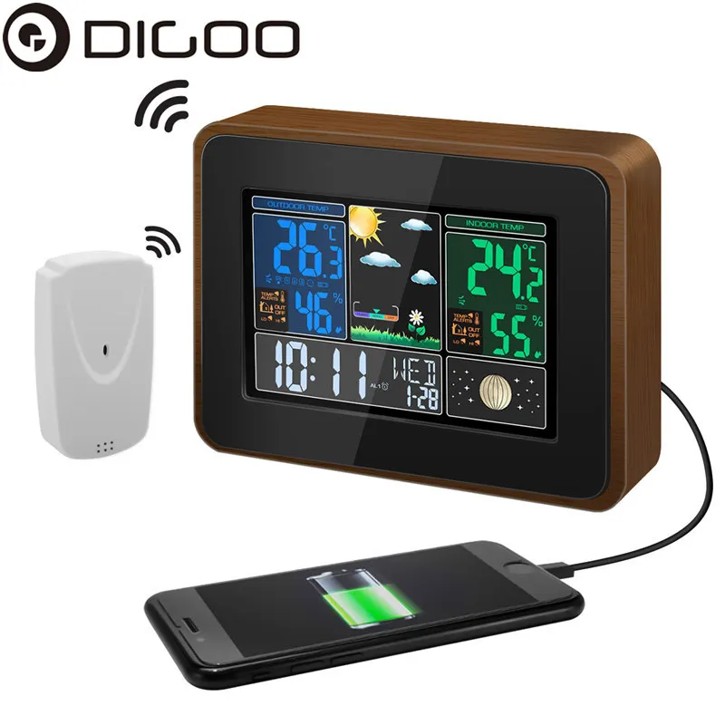 

Digoo DG-TH8878 Wood USB Charge Wireless Weather Station Full-Color Screen Digital Humidity Thermometer Outdoor Sensor Clock