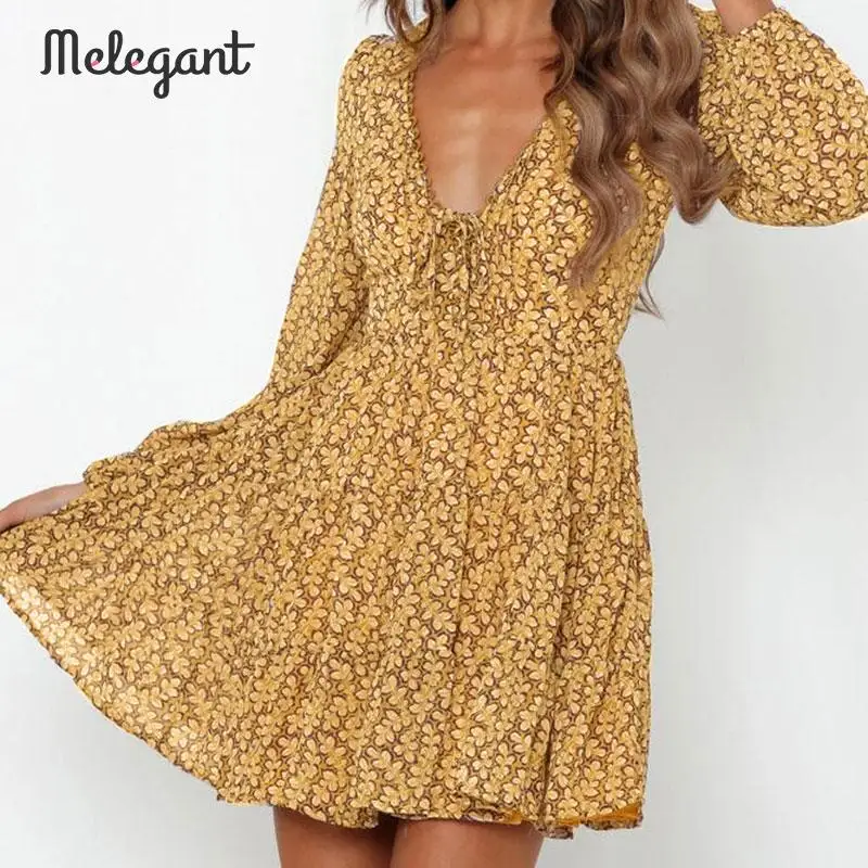 

Melegant Party Yellow Floral Print Sexy V Neck Dress Long Sleeve Ruffles Dresses Casual Winter 2019 Dress Vestidos