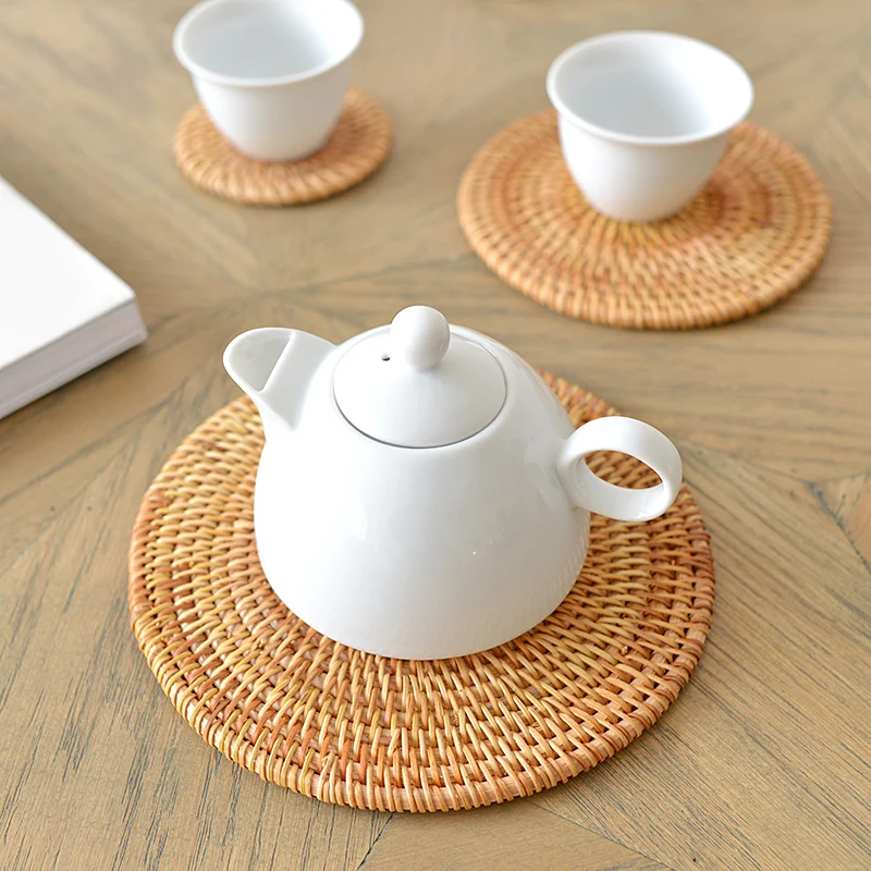 

INS Handmade Rattan Cup Mat Heat Insulation Mat Tea Pot Mat Coasters Set Round Placemats Table Mats for Dining Table Home Decor