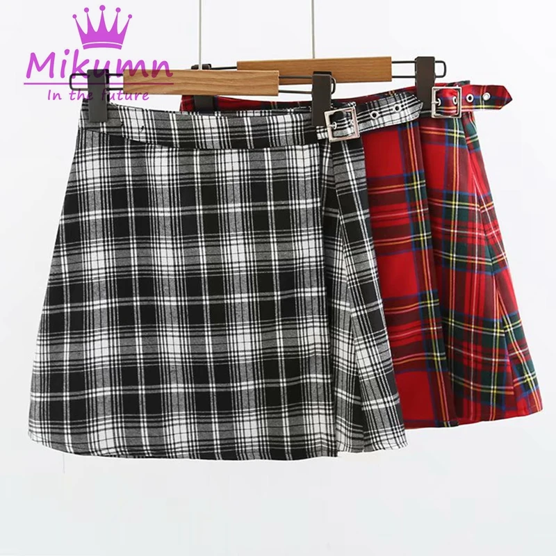

Punk Harajuku Red Black A-line High Waist Metal Button Irregular Plaid Skirts Saias Femininas