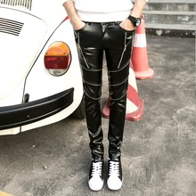 Осень и зима плюс бархат для мужчин на молнии кожаные брюки, мужские личность тонкий ночной клуб этап плотно кожаные штаны