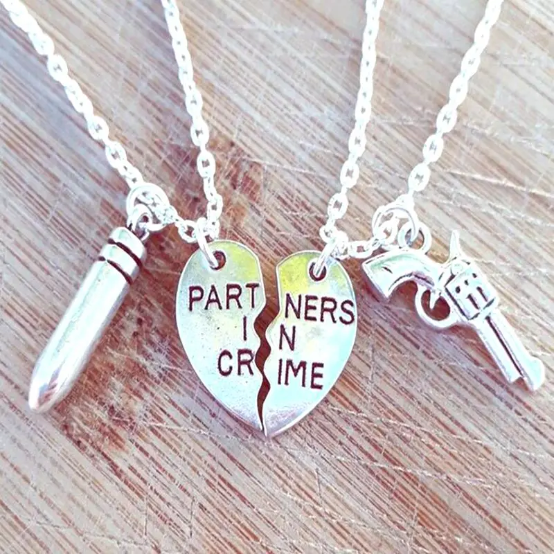 

Broken Heart Necklace Couples Gun Bullet Necklace BFF PARTNERS IN CRIME Pendant Long Necklace Punk Boho Jewelry Friendship Gift