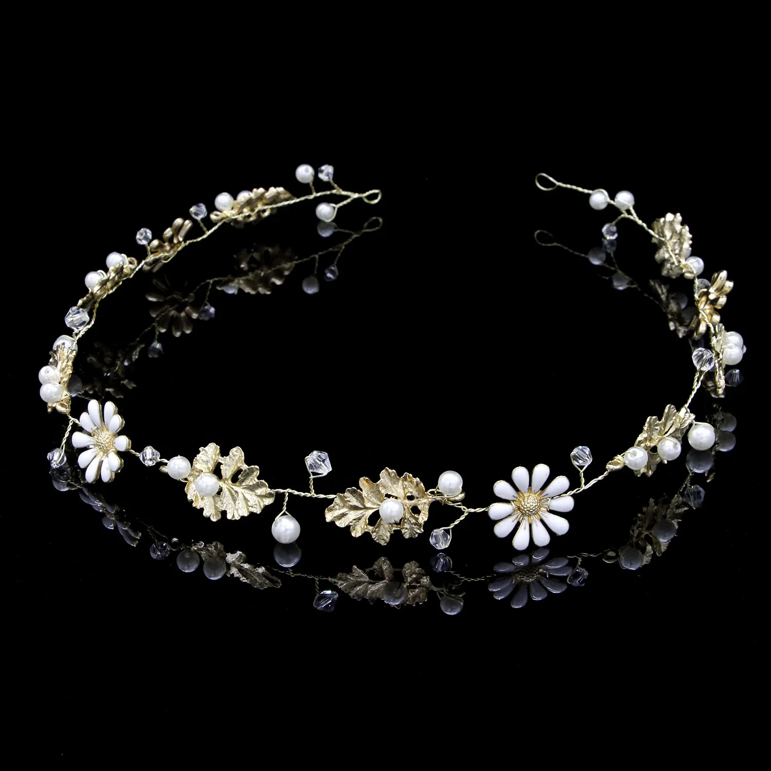 

High Quality Gold Crystal Pearl Headband For Bride Hair Accessories Flower Head Piece Handmade Wedding Hair Jewelry