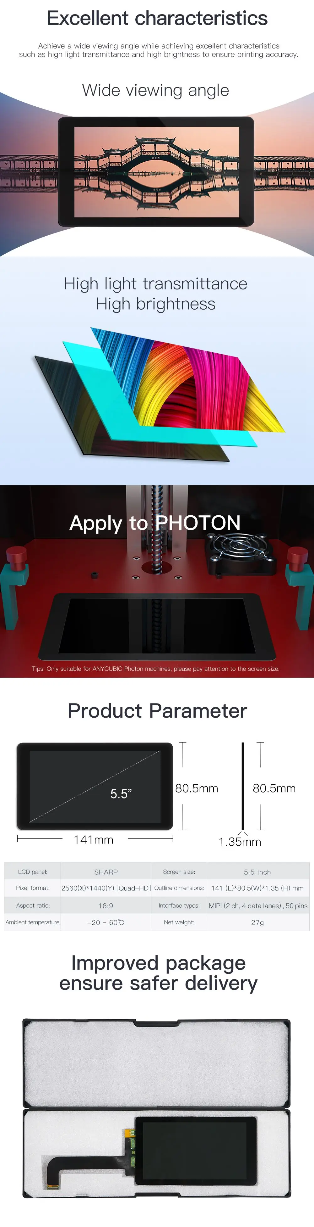 ANYCUBIC Photon 3d принтер 2K ЖК-экран Quad-HD для фотонного принтера, запчасти, комплекты, высокая яркость 5,5 дюйма 2560x1440