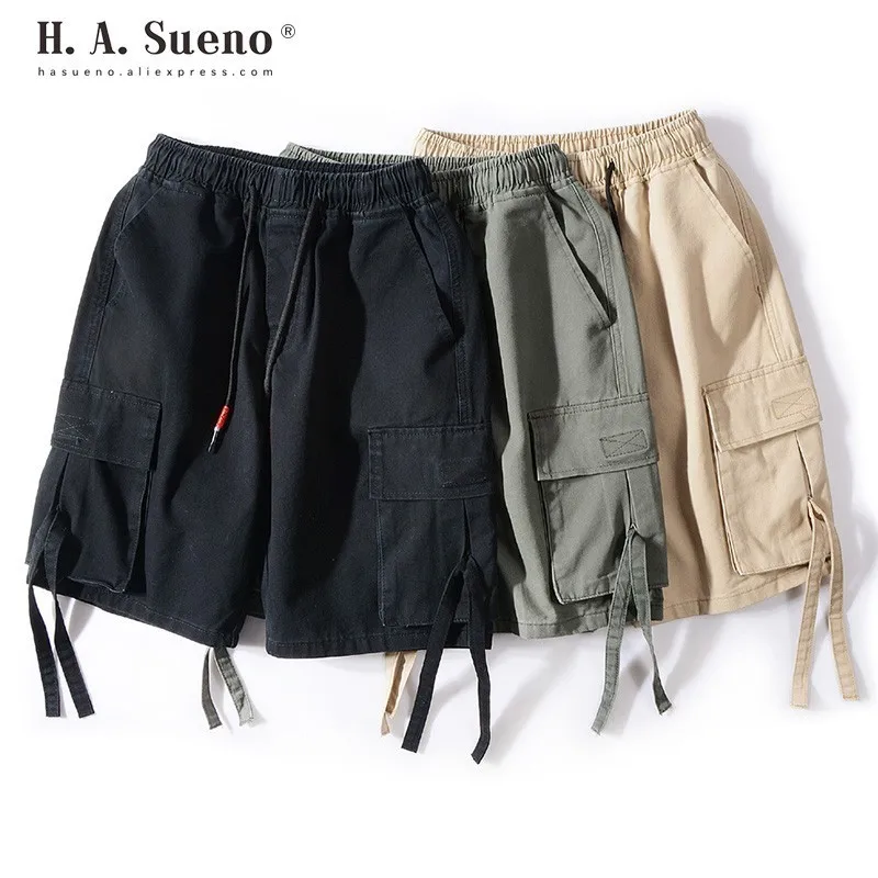 H. A. Sueno Горячие мужские карго шорты с несколькими карманами твердые высокие уличные спортивные шорты свободные спортивные хип хоп Короткие брюки с капюшоном/5