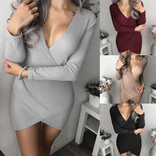 

2017 New 4 Color Dress Autumn Warm Elegant Deep V Neck Loose Long Sleeve Oversize Sweater Jumper Dress