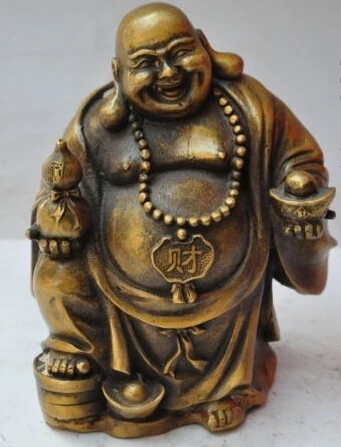 

7"Chinese Buddhism bronze Happy Laugh Maitreya Buddha Yuanbao money Gourd Statue