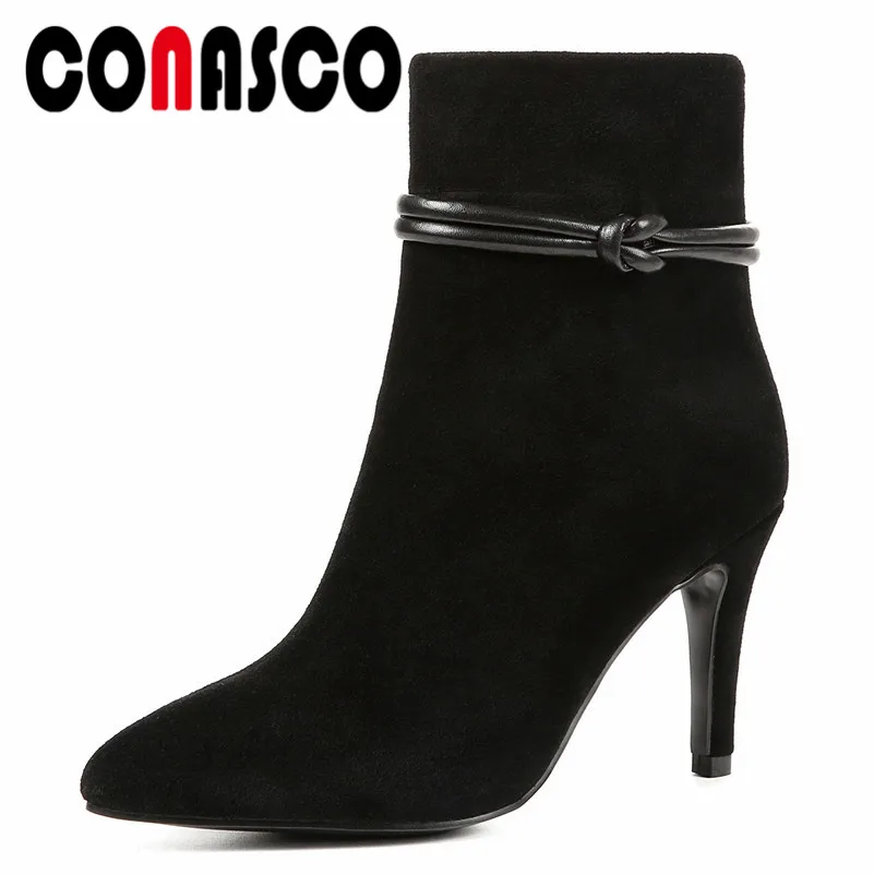 

CONASCO New Arrival Women Ankle Boots Pointed Toe Cow Suede High Heels Shoes Woman Zipper Office Career Quality Martin Boots