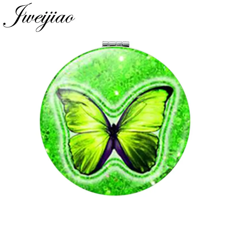 

JWEIJIAO Green Art Photo Mini Makeup Mirror Round Folding Compact Pocket Mirror 1X/2X Magnifying Portable Beauty Butterfly Gift