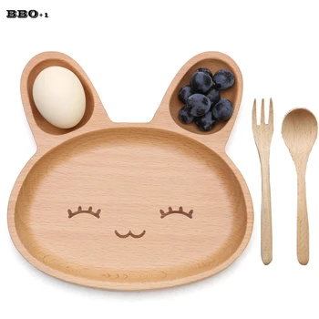 

Cute Rabbit Face Wood Dinner Plate Children Fork Spoon Kids Cartoon Food Fruit Dish Tray Child Baby Serving Table Kitchen Plate