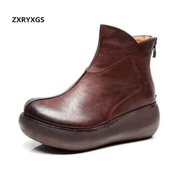 

2019 Retro Increase Thick Bottom Wedges High Heels Warm Winter Women Boots Martin Boots Casual Shoes Woman Genuine Leather Boots