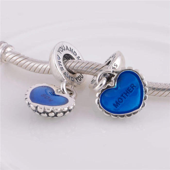 

Fits bracelet Original 925 sterling silver Threaded Charms Mother and son Blue love heart Silver beads DIY free shipping