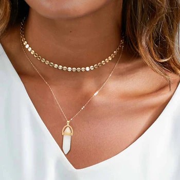 Yumfeel New Fashion Jewelry Choker Necklaces Natural Stone Pendant Necklace Gold Disc Choker Necklace Set 2pcs/Set