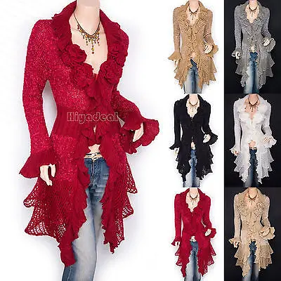 Free Shipping Women Fold Floral Applique Tiered Hem Cardigan Long Knitted Sweaters 2015 New Arrival Promotion |