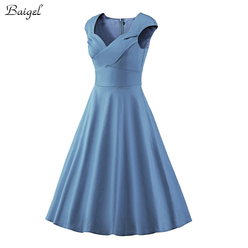 Womens Sexy V-Neck Summer Vintage Dress 50s 60s Retro Pinup Rockabilly Swing Burgundy Red Green Ball Gown Wedding Party Dresses (7)
